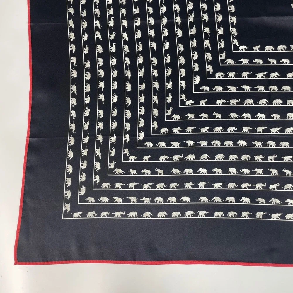 Jim Thompson Silk Scarf Elephant Print Navy Blue Red Border Square Scarf Animal